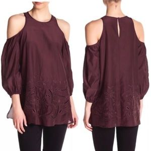 Tibi Carmen Cold Shoulder Tunic Eyelet Maroon Wine